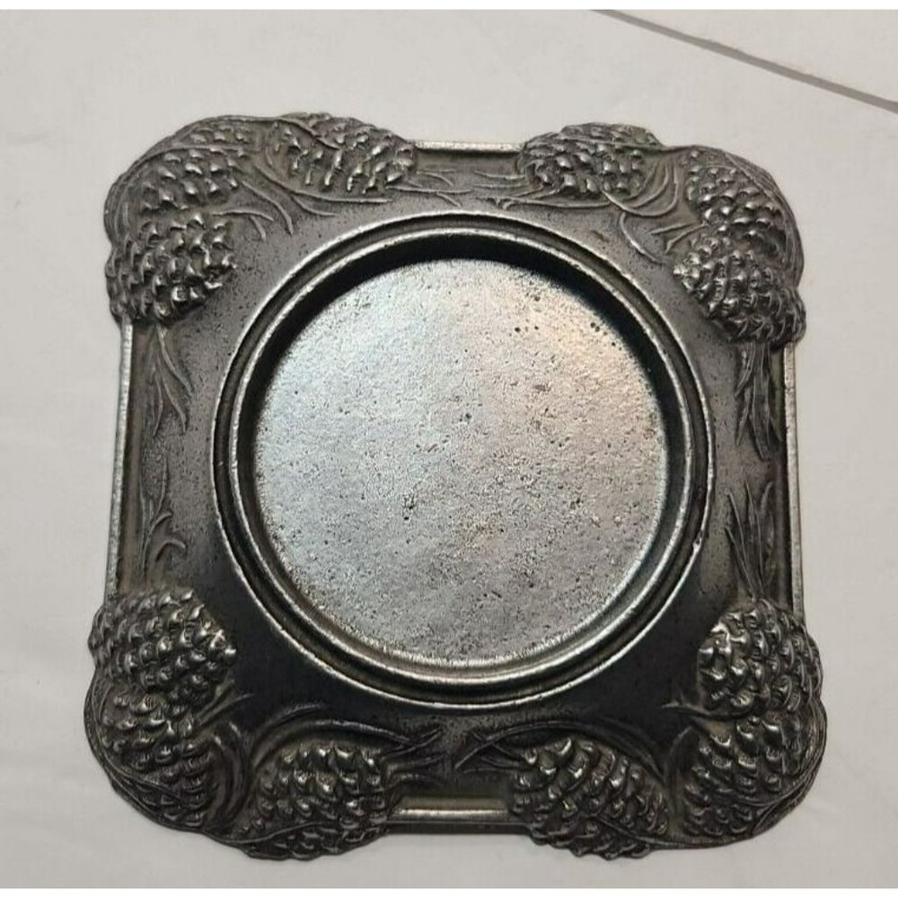 Vtg Carson Statesmetal Pewter Pine RIdge Med Piller Candle Holder 5.5" by 5.5"